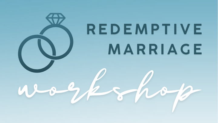 Two interlocking rings with a diamond icon next to the text "Redemptive Marriage Workshop" on a blue gradient background.
